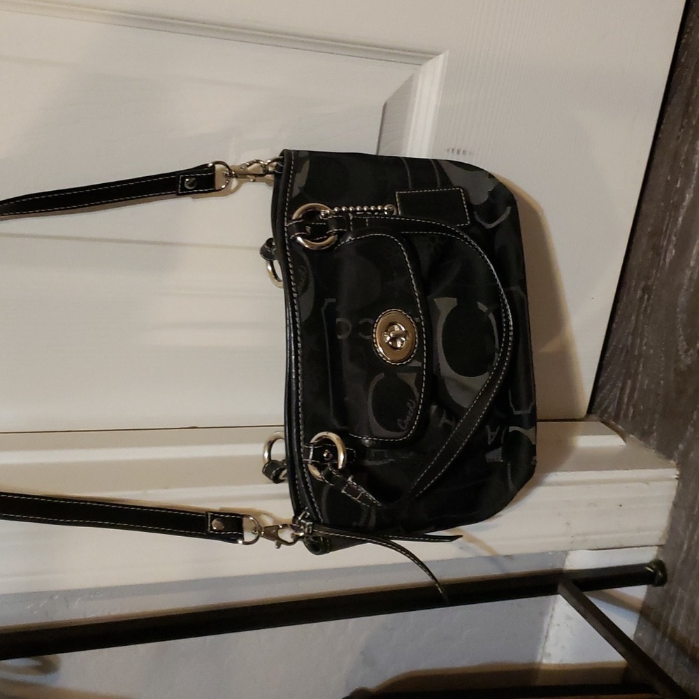Coach F14654 purse Leah shoulder bag tote satche black & grey sateen crossbody